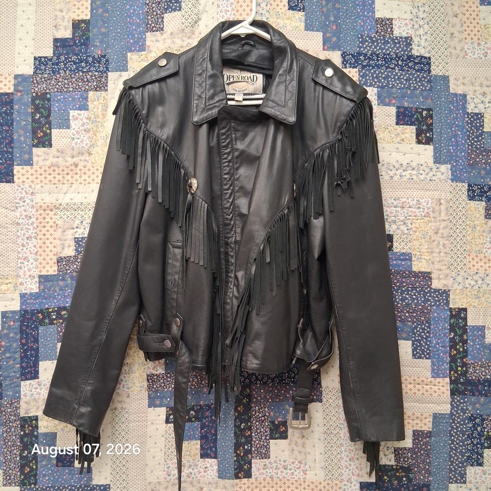Vintage Open Road Wilsons Mens XL Black Leather Fringe Western Biker Jacket Moto